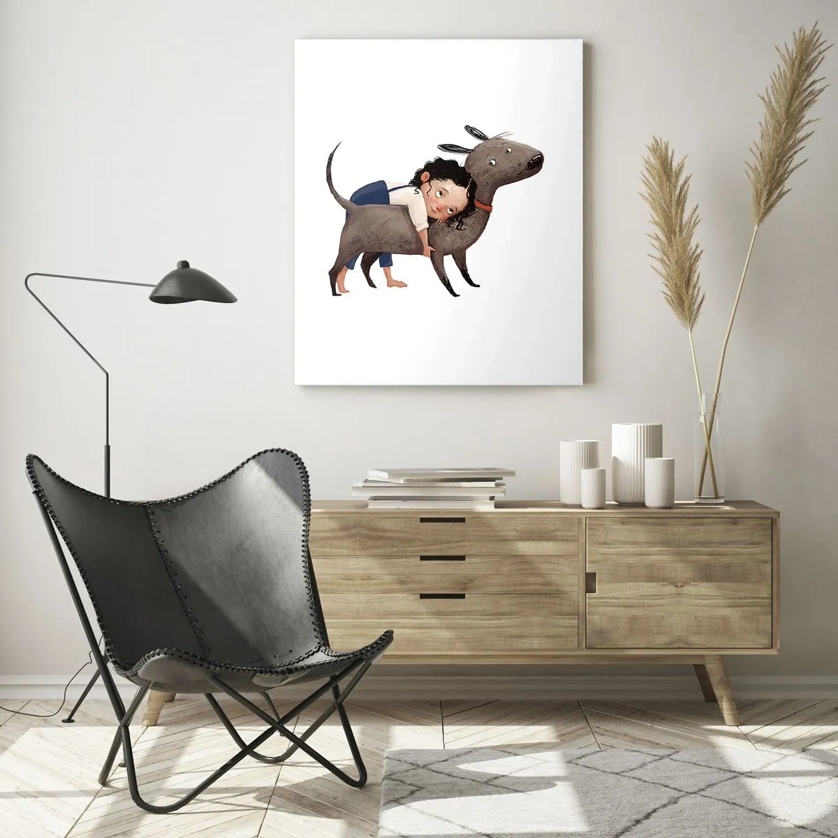 Impression sur verre - Image sur verre - Une fille serrant un gros chien dans ses bras sur un fond blanc - 50x70cm - Les meilleurs amis - Décoration murale moderne pour le salon et la chambre ARTTOR