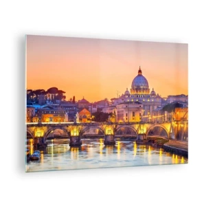 Impression sur verre - Image sur verre - Pont et basilique à Rome au coucher du soleil - 70x50cm - Coucher de soleil sur la ville éternelle - Décoration murale moderne pour le salon et la chambre ARTTOR