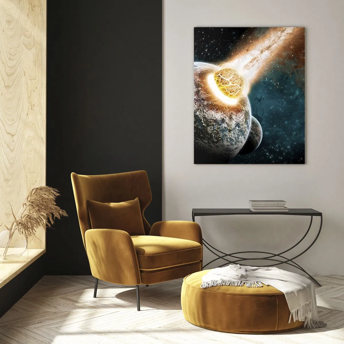 Impression sur verre - Image sur verre - Collision cosmique d'une planète avec un astéroïde à proximité de la galaxie. - 80x120cm - Destruction ou naissance? - Décoration murale moderne pour le salon et la chambre ARTTOR