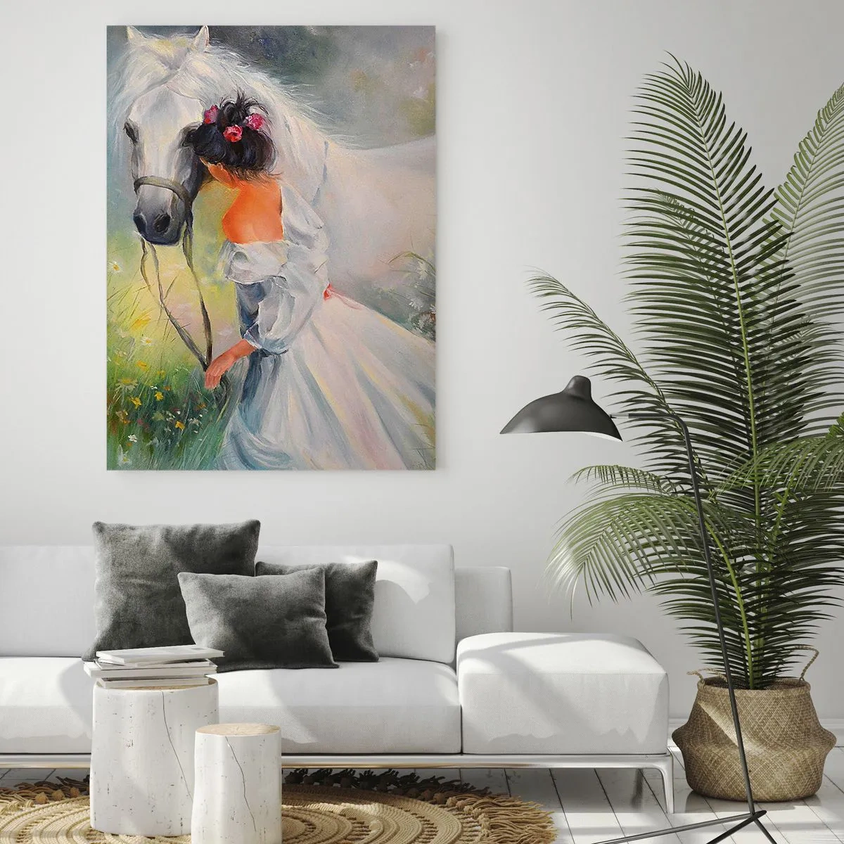 Impression sur verre - Image sur verre - Une femme avec un cheval blanc dans un cadre pittoresque - 70x100cm - Comme dans un beau rêve - Décoration murale moderne pour le salon et la chambre ARTTOR