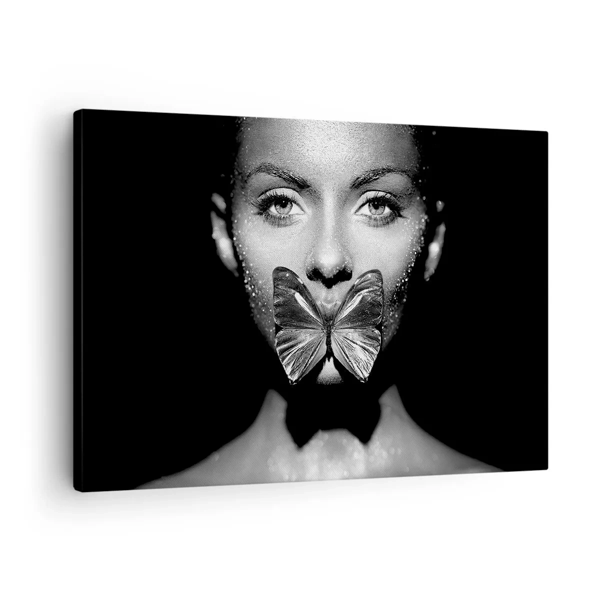 Impression sur toile - Image sur toile - Visage de femme en noir et blanc avec un papillon sur les lèvres - 70x50cm - Baiser papillon - Décoration murale moderne pour le salon et la chambre ARTTOR