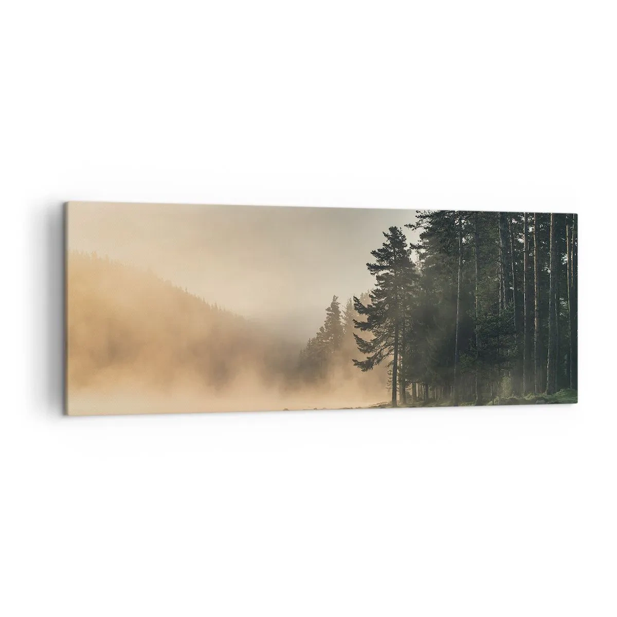 Impression sur toile - Image sur toile - Une forêt brumeuse sur un lac calme - 140x50cm - Naissance du jour - Décoration murale moderne pour le salon et la chambre ARTTOR