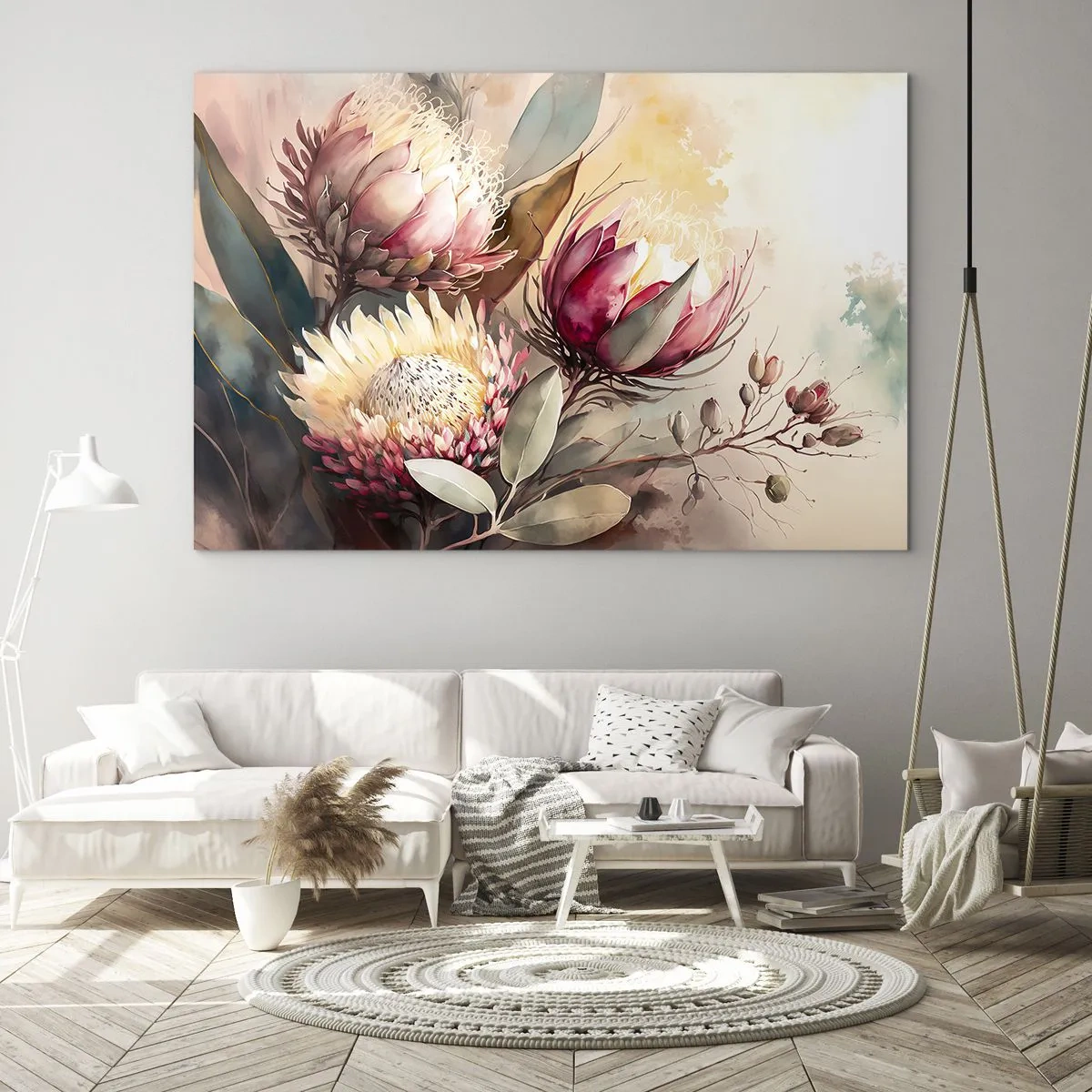 Impression sur verre - Image sur verre - Fleurs de Protea aux couleurs pastel sur un fond artistique - 120x80cm - De profil et de face - Décoration murale moderne pour le salon et la chambre ARTTOR