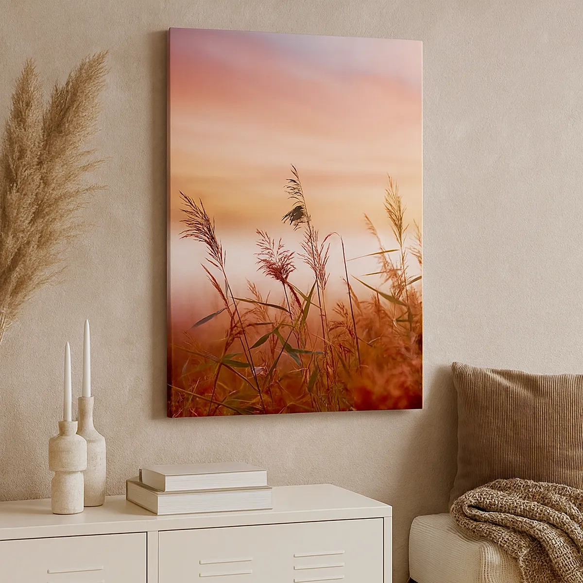 Impression sur toile - Image sur toile - Un champ d'herbe sur fond de coucher de soleil pittoresque - 50x70cm - Cerfs-volants, pissenlits, vent - Décoration murale moderne pour le salon et la chambre ARTTOR