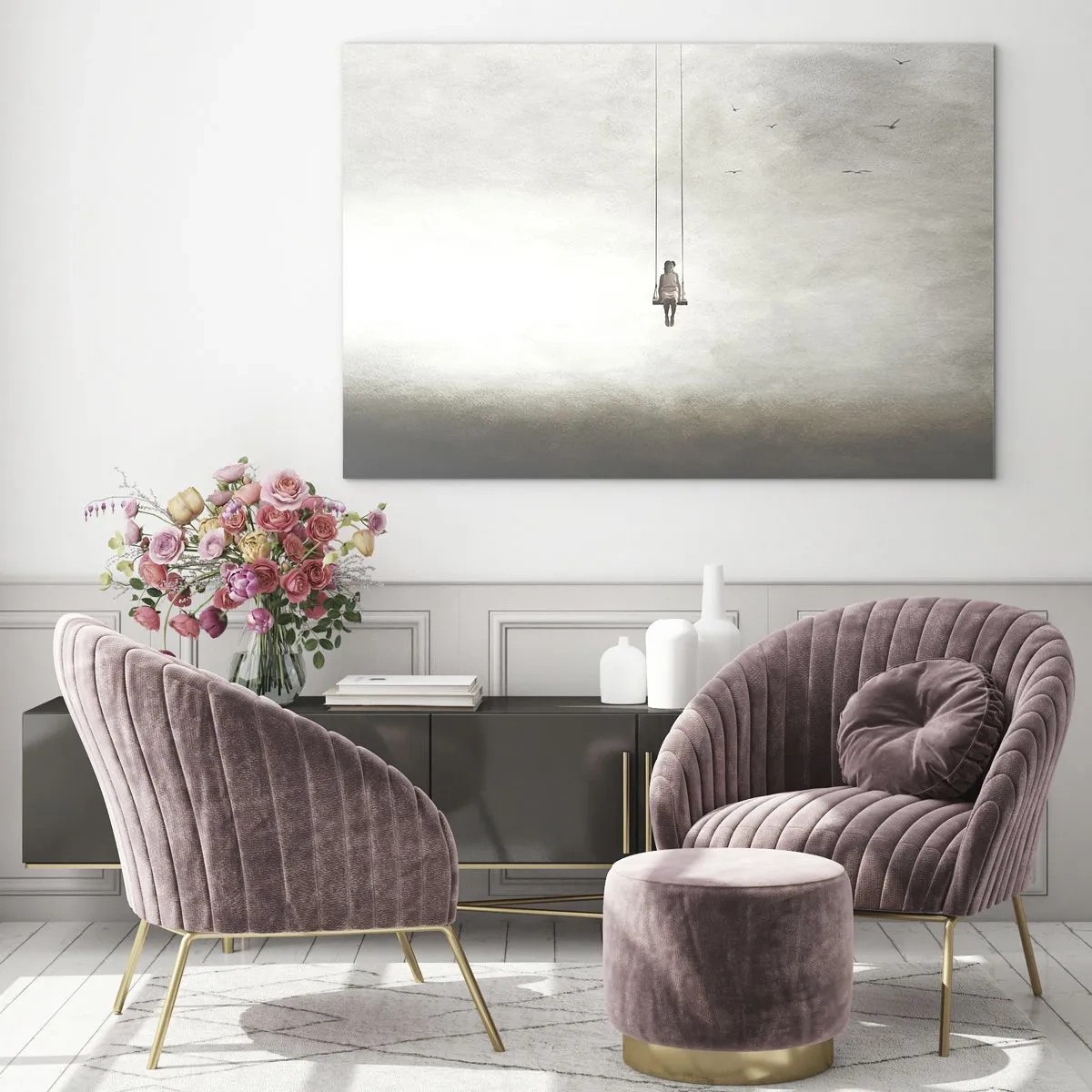 Impression sur verre - Image sur verre - Une silhouette sur une balançoire suspendue dans le ciel - 100x70cm - Enfant en nous - Décoration murale moderne pour le salon et la chambre ARTTOR