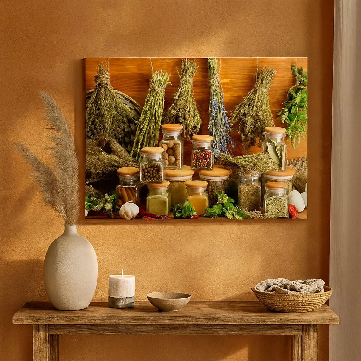 Impression sur toile - Image sur toile - Herbes et épices en pots sur fond rustique - 70x50cm - Sortilèges de cuisine - Décoration murale moderne pour le salon et la chambre ARTTOR