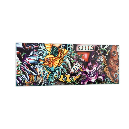 Impression sur verre - Image sur verre - Œuvre d'art colorée de style tatouage avec des crânes et des motifs nautiques - 140x50cm - Le rêve du tatoueur - Décoration murale moderne pour le salon et la chambre ARTTOR