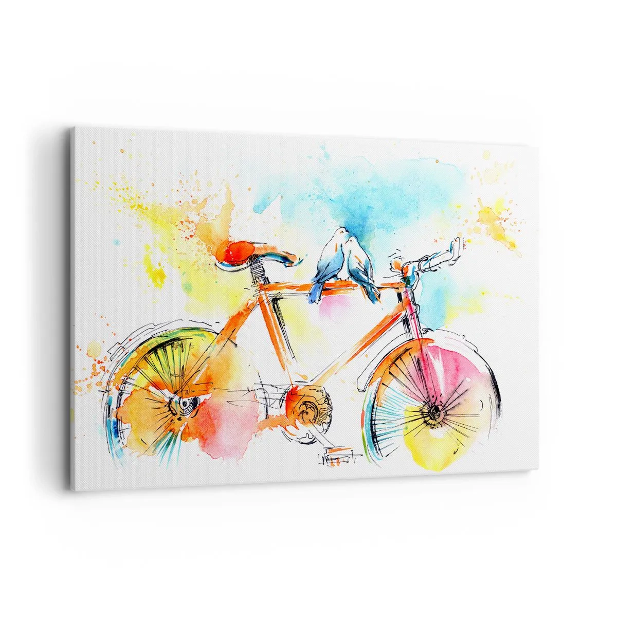 Impression sur toile - Image sur toile - Aquarelle colorée d'un vélo avec des oiseaux assis dessus - 120x80cm - À deux en vélo - Décoration murale moderne pour le salon et la chambre ARTTOR