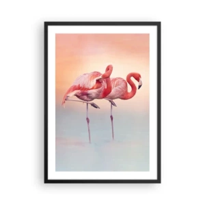 Affiche dans un cadre noir - Poster - Flamants roses sur fond de coucher de soleil pastel - 50x70cm - Dans les couleurs du soleil couchant - Décoration murale moderne pour le salon et la chambre ARTTOR
