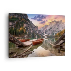 Impression sur toile - Image sur toile - Lac de montagne avec bateaux au coucher du soleil - 70x50cm - Promesse du jour - Décoration murale moderne pour le salon et la chambre ARTTOR