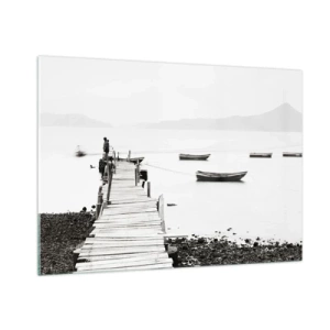 Impression sur verre - Image sur verre - Vue en noir et blanc d'une jetée en bois sur un lac - 100x70cm - Calme et propre au bord de l'eau - Décoration murale moderne pour le salon et la chambre ARTTOR