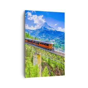 Impression sur toile - Image sur toile - Des montagnes russes sur un pont avec vue sur une cascade et des montagnes - 80x120cm - Train dans les Alpes - Décoration murale moderne pour le salon et la chambre ARTTOR