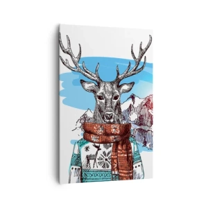 Impression sur toile - Image sur toile - Un cerf dans un pull d'hiver sur fond de paysage de montagne - 80x120cm - Même le cerf ne gèle pas - Décoration murale moderne pour le salon et la chambre ARTTOR