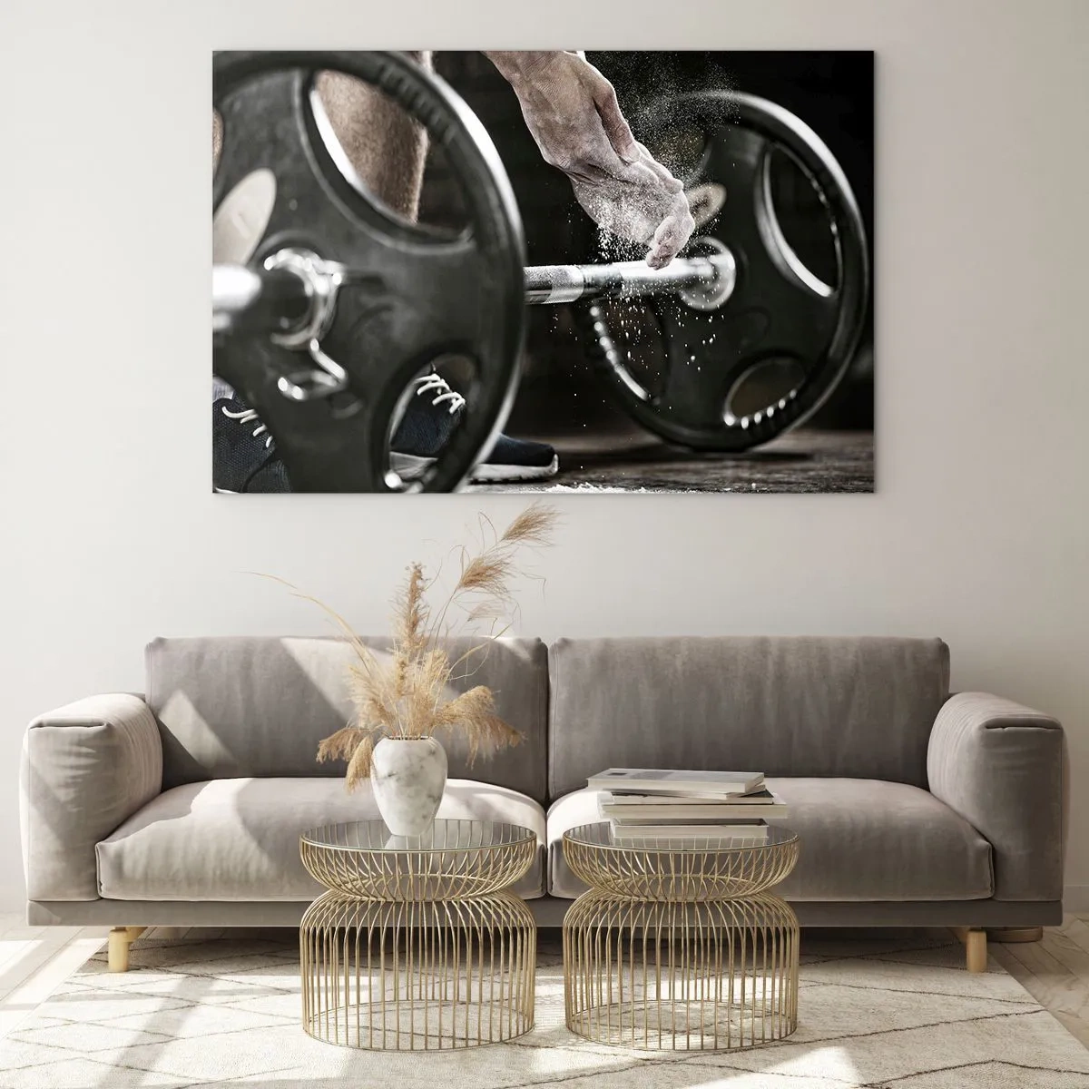 Impression sur verre - Image sur verre - Haltérophilie avec de la craie sur les mains et une barre - 120x80cm - Défi accepté! - Décoration murale moderne pour le salon et la chambre ARTTOR