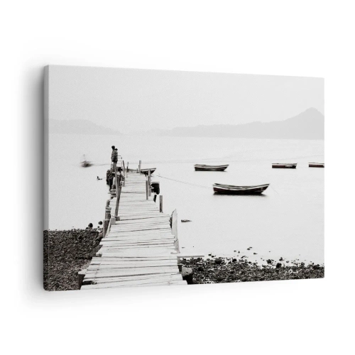 Impression sur toile - Image sur toile - Jetée en bois et bateaux sur une eau calme - 70x50cm - Calme et propre au bord de l'eau - Décoration murale moderne pour le salon et la chambre ARTTOR