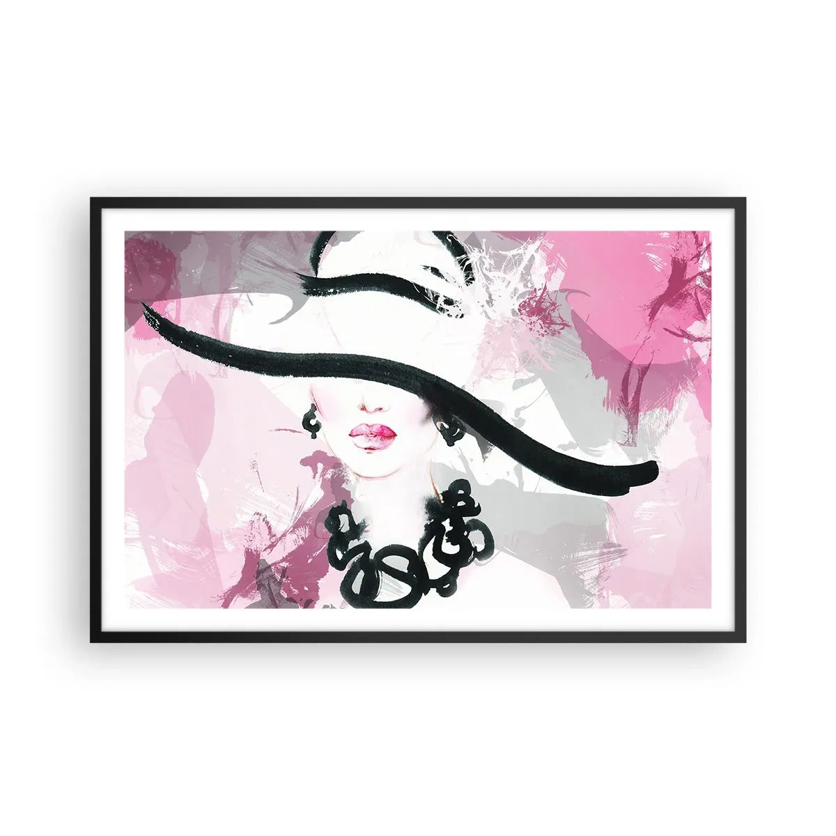Affiche dans un cadre noir - Poster - Portrait d'une dame en noir et rose - 91x61 cm