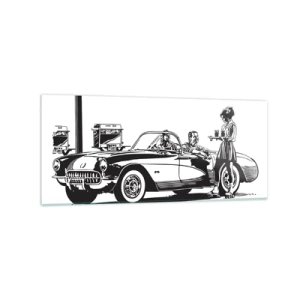 Impression sur verre - Image sur verre - Une scène rétro en noir et blanc avec une voiture et une serveuse en patins à roulettes. - 120x50cm - 60's - Amérique insouciante - Décoration murale moderne pour le salon et la chambre ARTTOR