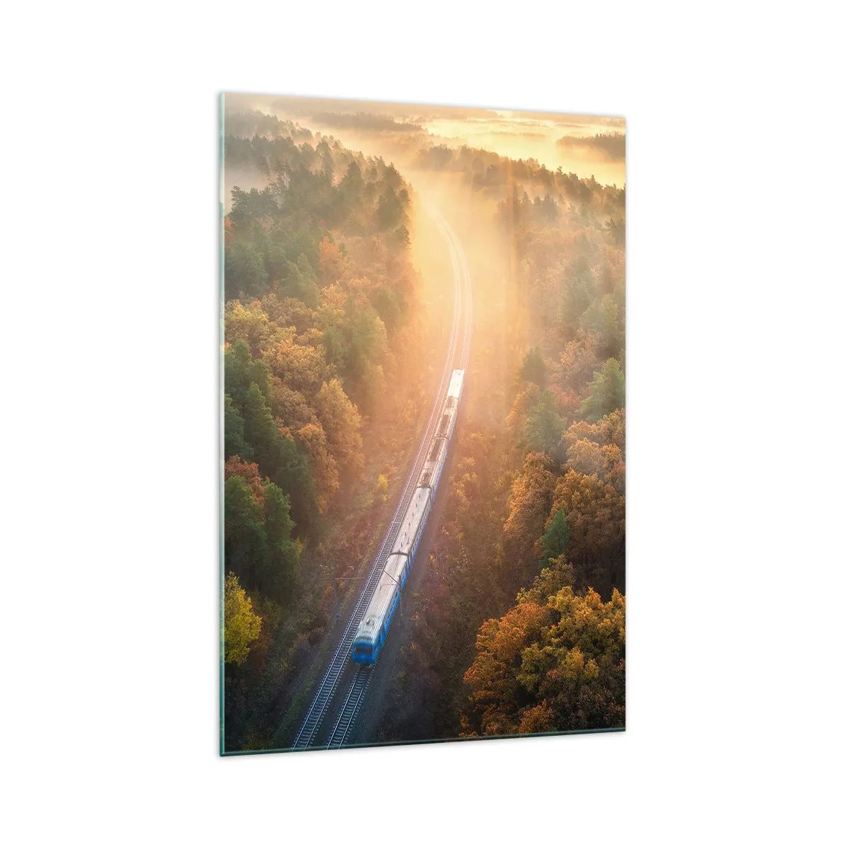 Impression sur verre - Image sur verre - Un train dans une forêt d'automne à l'aube - 70x100cm - Voyage printannier - Décoration murale moderne pour le salon et la chambre ARTTOR