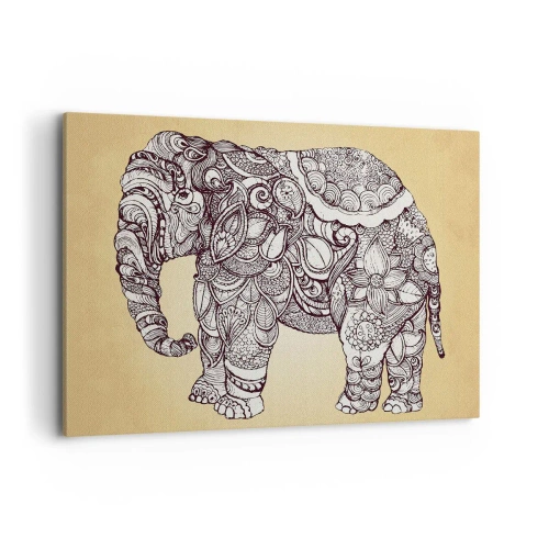 Impression sur toile - Image sur toile - Éléphant dessiné à la main avec un motif orné sur un fond beige - 100x70cm - L'éléphant s'est apprêté - Décoration murale moderne pour le salon et la chambre ARTTOR