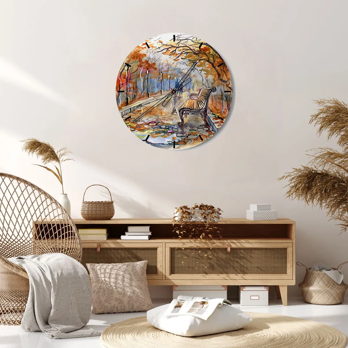 Horloge murale - Pendule murale - Parc d'automne avec un banc de style aquarelle - 30x30cm - Errer ensemble à l'automne - Décoration murale moderne pour le salon, la cuisine et la chambre ARTTOR