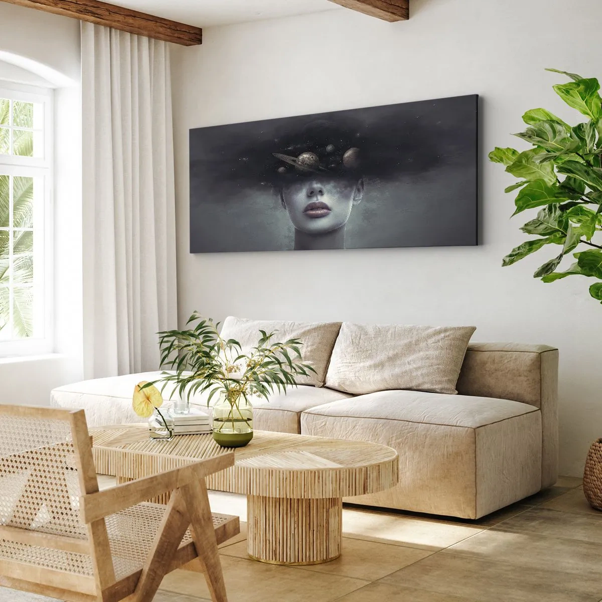 Impression sur toile - Image sur toile - Un visage de femme avec un motif de planète et d'espace en arrière-plan - 160x50cm - Et les planètes deviennent folles... - Décoration murale moderne pour le salon et la chambre ARTTOR