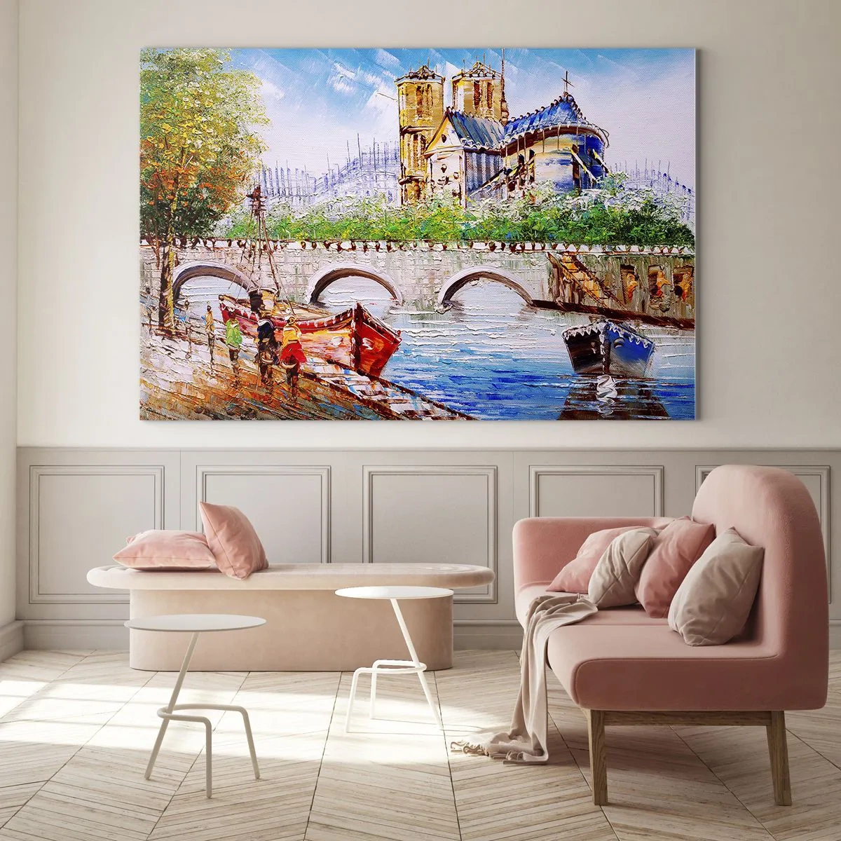 Impression sur verre - Image sur verre - Pont et bateaux sur fond de cathédrale historique - 70x50cm - Leur temps ne passe jamais - Décoration murale moderne pour le salon et la chambre ARTTOR