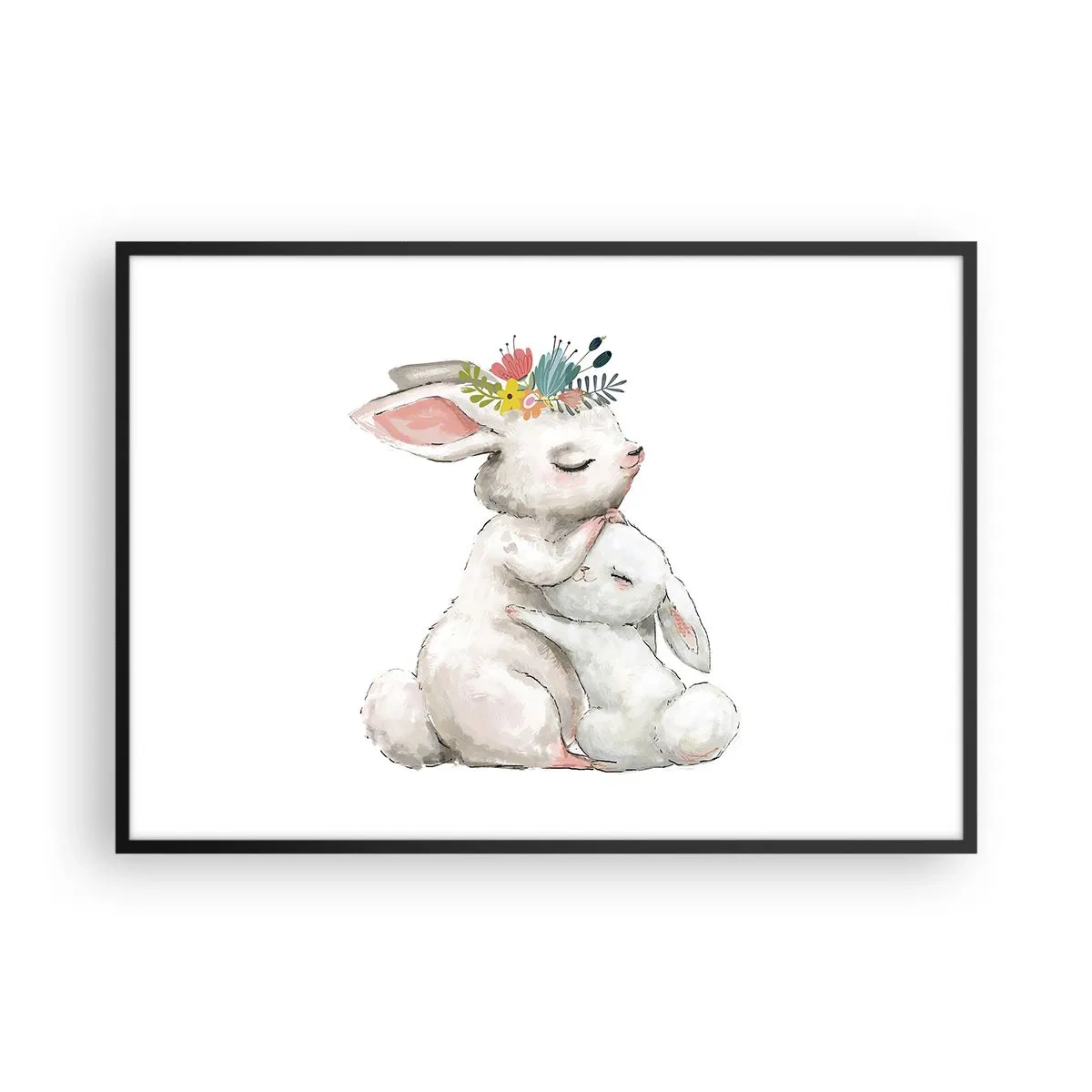 Affiche dans un cadre noir - Poster - Des lapins mignons aux couleurs pastel - 100x70cm - Maman irremplaçable - Décoration murale moderne pour le salon et la chambre ARTTOR