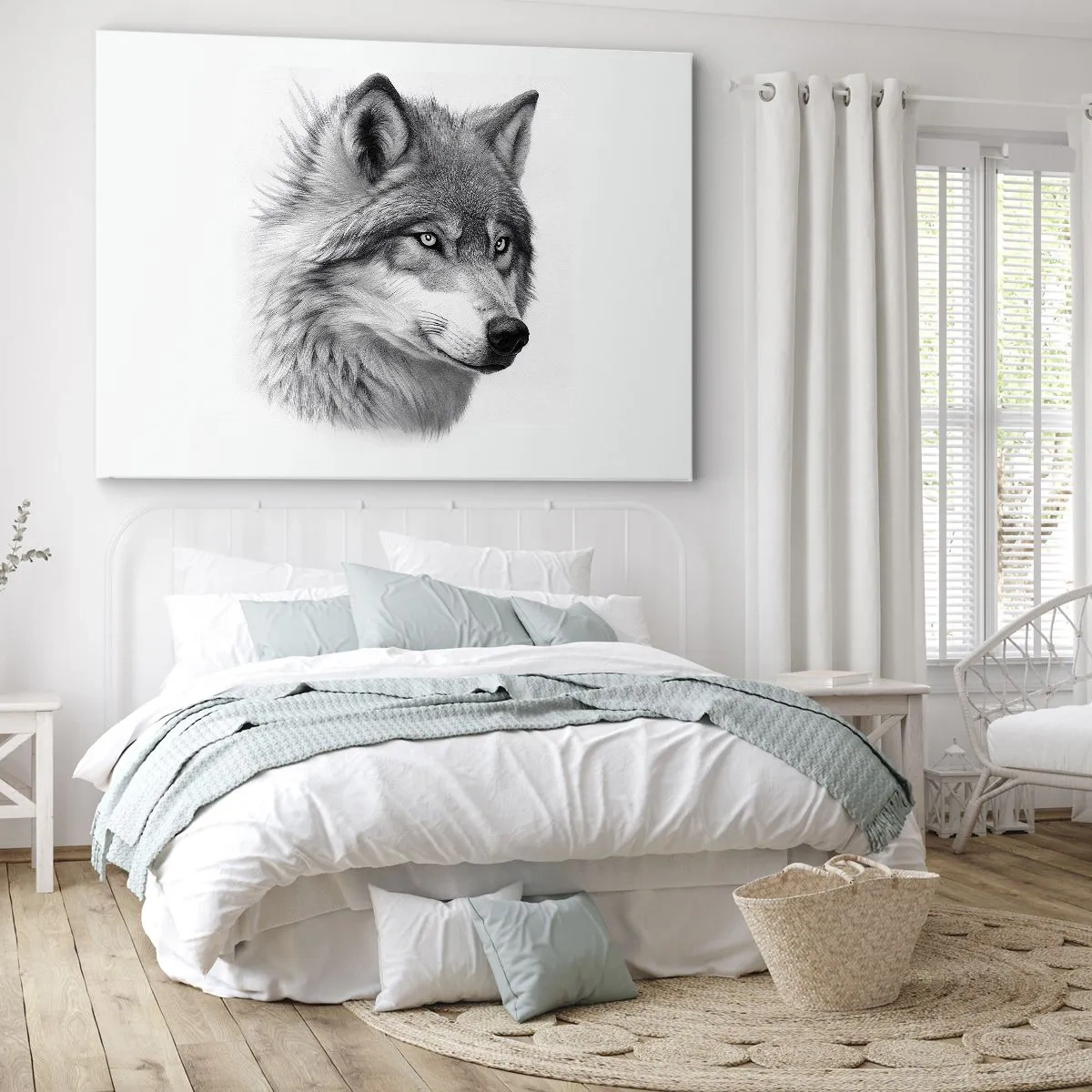 Impression sur toile - Image sur toile - Un portrait réaliste d'un loup dans des tons de gris. - 100x70cm - Alpha – sans aucun doute - Décoration murale moderne pour le salon et la chambre ARTTOR