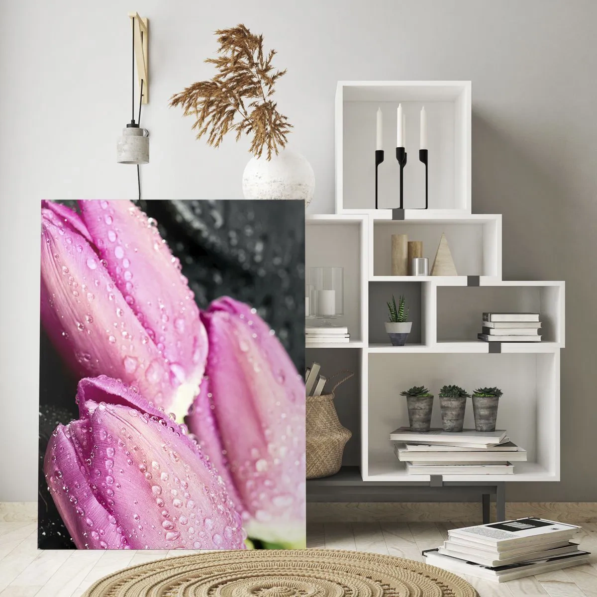Impression sur verre - Image sur verre - Trois tulipes roses avec des gouttes d'eau sur fond noir - 80x120cm - Lilas trois sur une pierre noire - Décoration murale moderne pour le salon et la chambre ARTTOR