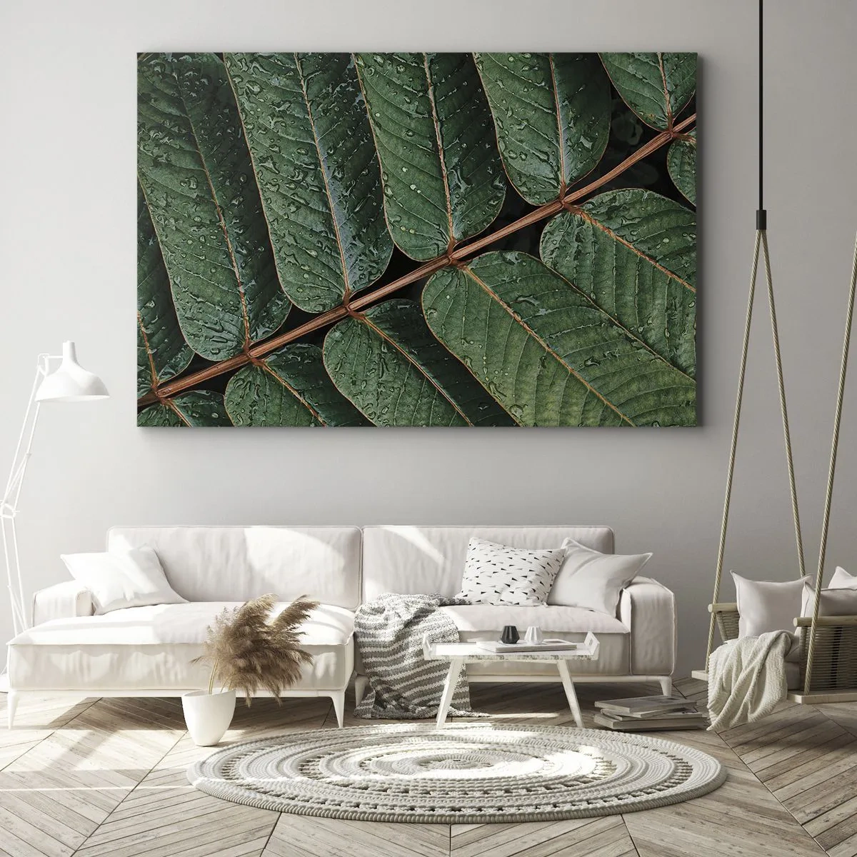 Impression sur toile - Image sur toile - Macro shot de feuilles vertes avec des gouttes de rosée - 70x50cm - Au rythme de la verdure - Décoration murale moderne pour le salon et la chambre ARTTOR