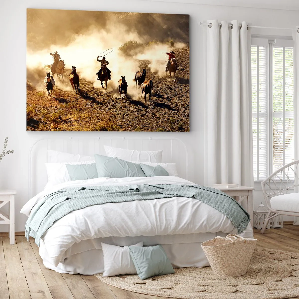 Impression sur toile - Image sur toile - Cowboys à cheval en action sur un terrain désertique - 100x70cm - L'ouest vraiment sauvage - Décoration murale moderne pour le salon et la chambre ARTTOR