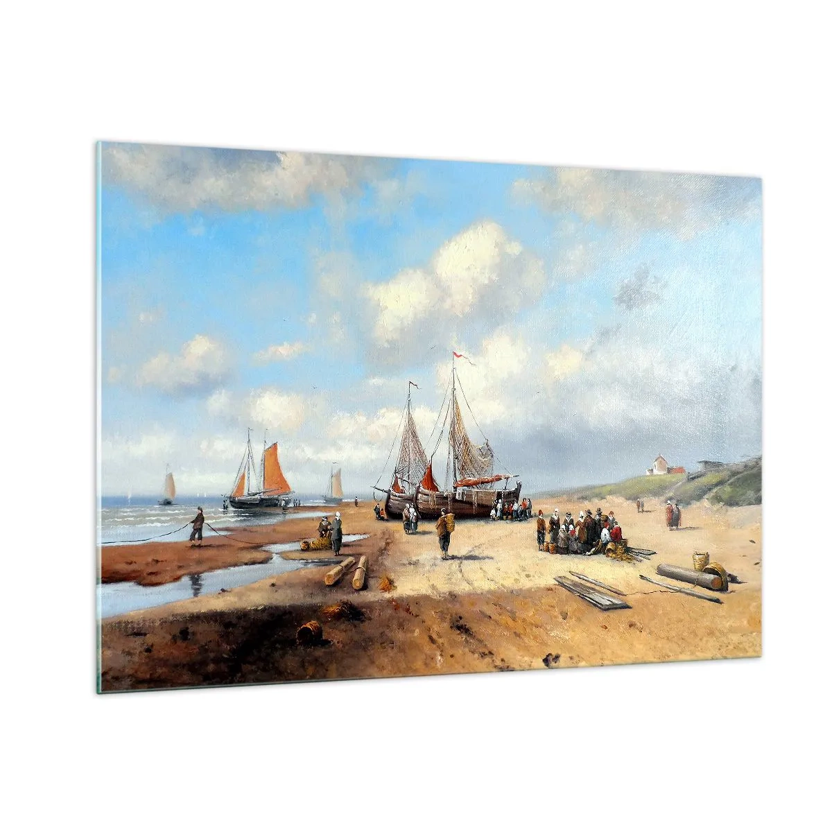 Impression sur verre - Image sur verre - Scène de plage avec des bateaux de pêche et des pêcheurs - 100x70cm - Après une capture réussie - Décoration murale moderne pour le salon et la chambre ARTTOR