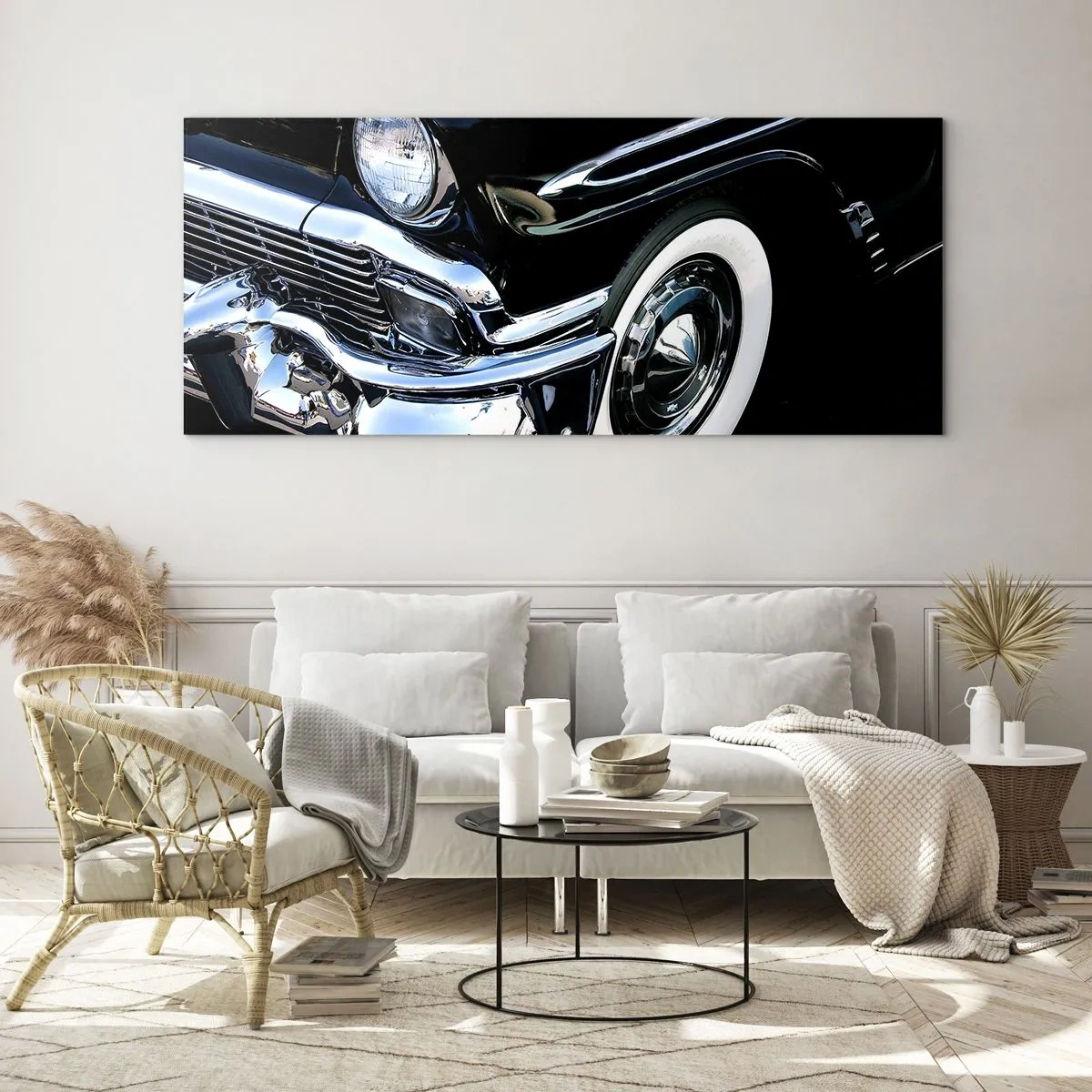Impression sur verre - Image sur verre - Gros plan du phare et du garde-boue d'une voiture classique noire - 120x50cm - Classique en argent, noir et blanc - Décoration murale moderne pour le salon et la chambre ARTTOR