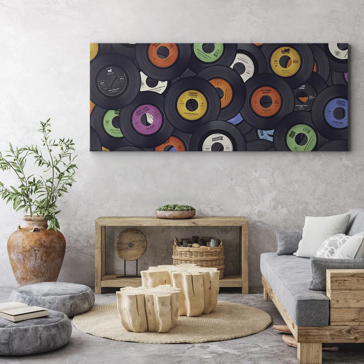 Impression sur toile - Image sur toile - Des vinyles colorés empilés les uns sur les autres - 120x50cm - Couleurs des classiques - Décoration murale moderne pour le salon et la chambre ARTTOR