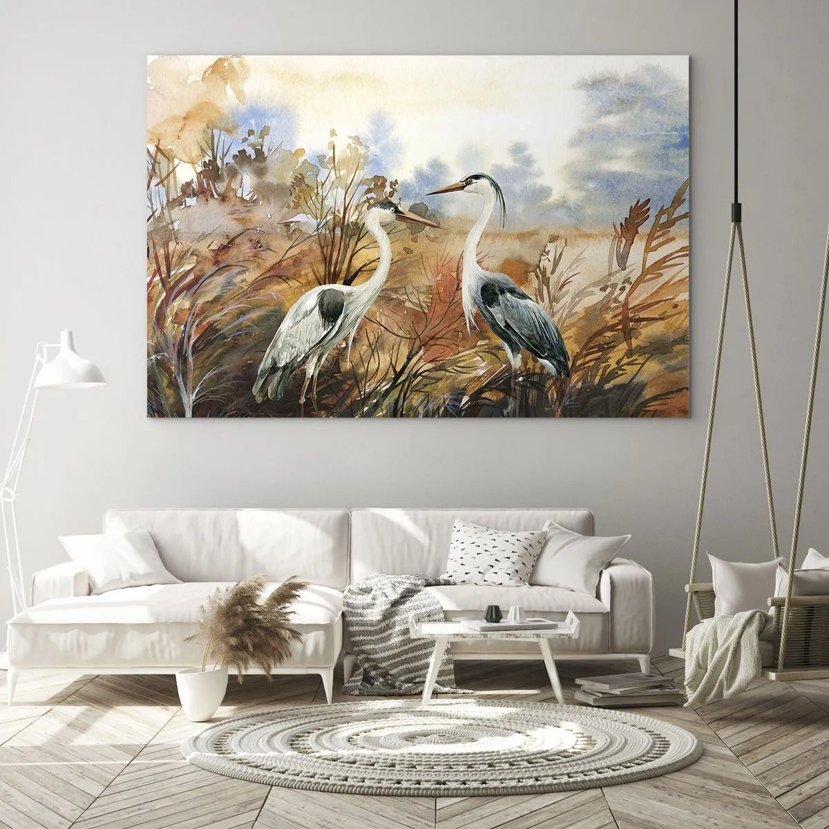 Impression sur verre - Image sur verre - Deux grues dans un paysage d'automne peint à l'aquarelle - 70x50cm - Jusqu'où en automne ? - Décoration murale moderne pour le salon et la chambre ARTTOR