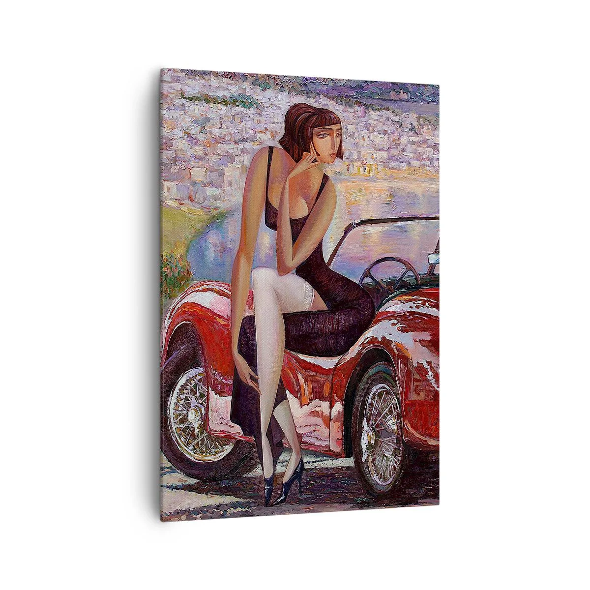 Impression sur toile - Image sur toile - Une femme près d'une voiture rouge avec une ville en arrière-plan - 70x100cm - L'été? Uniquement sur la Côte d'Azur - Décoration murale moderne pour le salon et la chambre ARTTOR