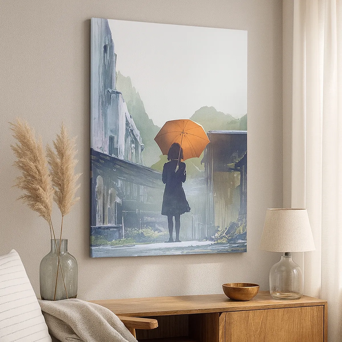 Impression sur toile - Image sur toile - Une silhouette avec un parapluie dans une ville pluvieuse - 50x70cm - Pluie vivifiante - Décoration murale moderne pour le salon et la chambre ARTTOR