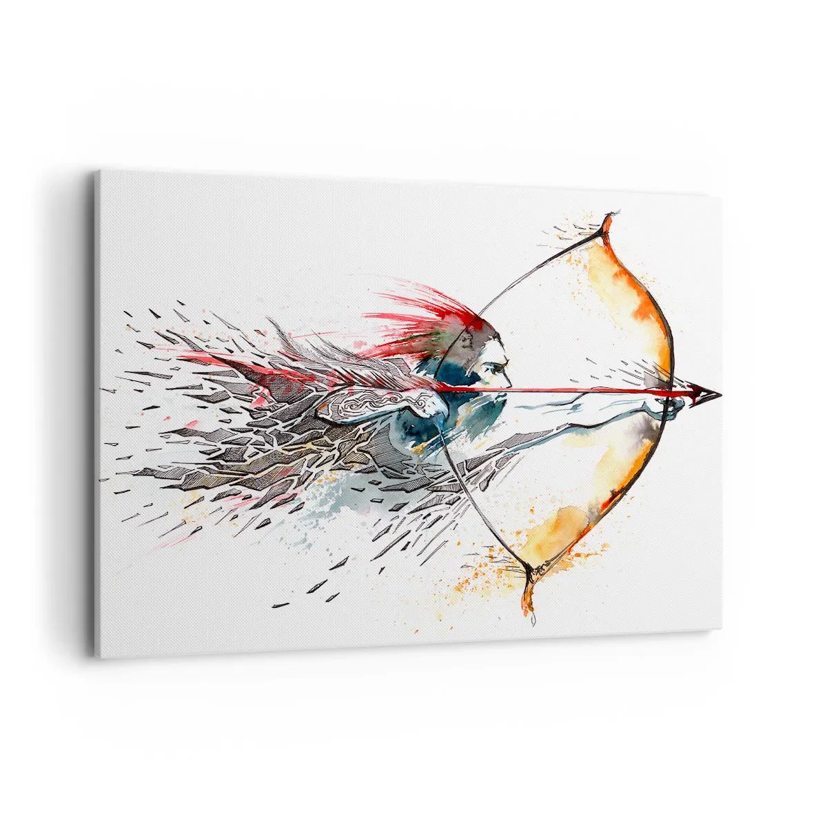 Impression sur toile - Image sur toile - Aquarelle dynamique d'un guerrier avec un arc et des flèches - 100x70cm - Guerrier mythique avec un arc de feu - Décoration murale moderne pour le salon et la chambre ARTTOR