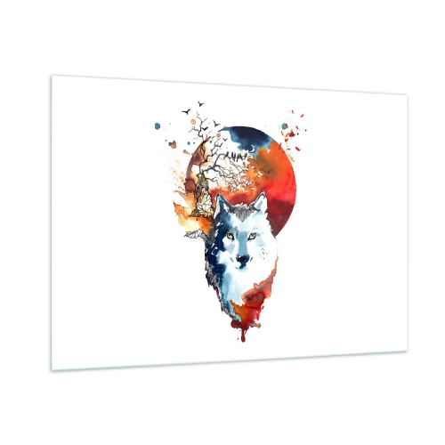 Impression sur verre - Image sur verre - Illustration d'un loup avec une pleine lune en arrière-plan - 100x70cm - Nez à nez avec la nuit - Décoration murale moderne pour le salon et la chambre ARTTOR
