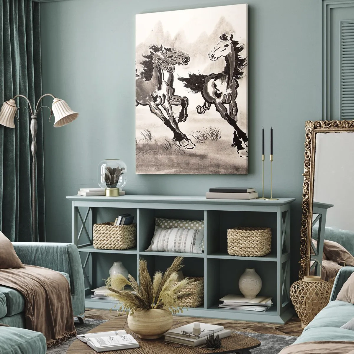 Impression sur toile - Image sur toile - Graphiques dynamiques de chevaux au galop dans un style oriental - 70x100cm - Dans un joyeux galop - Décoration murale moderne pour le salon et la chambre ARTTOR