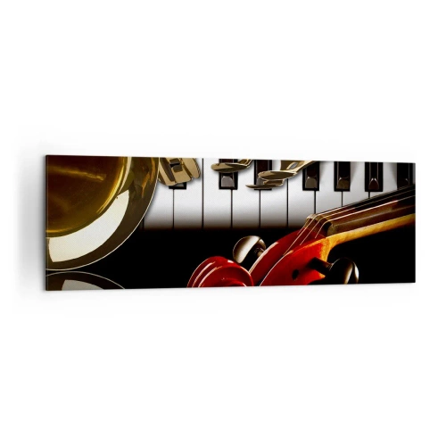 Impression sur toile - Image sur toile - Un saxophone doré, des touches de piano et un violon rouge - 160x50cm - Tôle, bois et ivoire - Décoration murale moderne pour le salon et la chambre ARTTOR