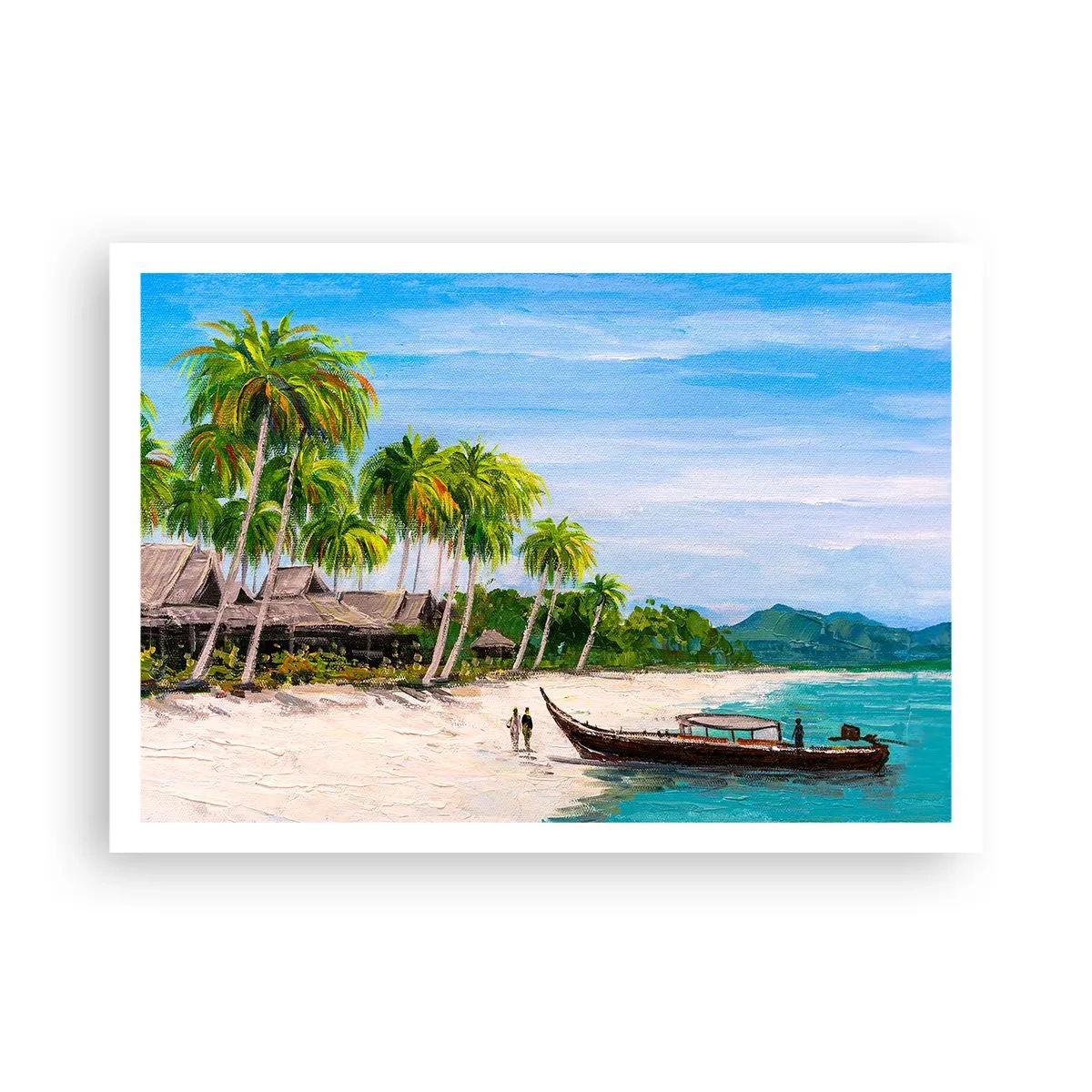 Affiche - Poster - Une plage exotique avec des palmiers et un bateau sur le rivage - 100x70cm - Rêve exotique - Décoration murale moderne pour le salon et la chambre ARTTOR