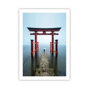 Affiche - Poster - Torii rouge sur fond d'eau calme et de ciel - 50x70cm - Rêverie japonnaise - Décoration murale moderne pour le salon et la chambre ARTTOR