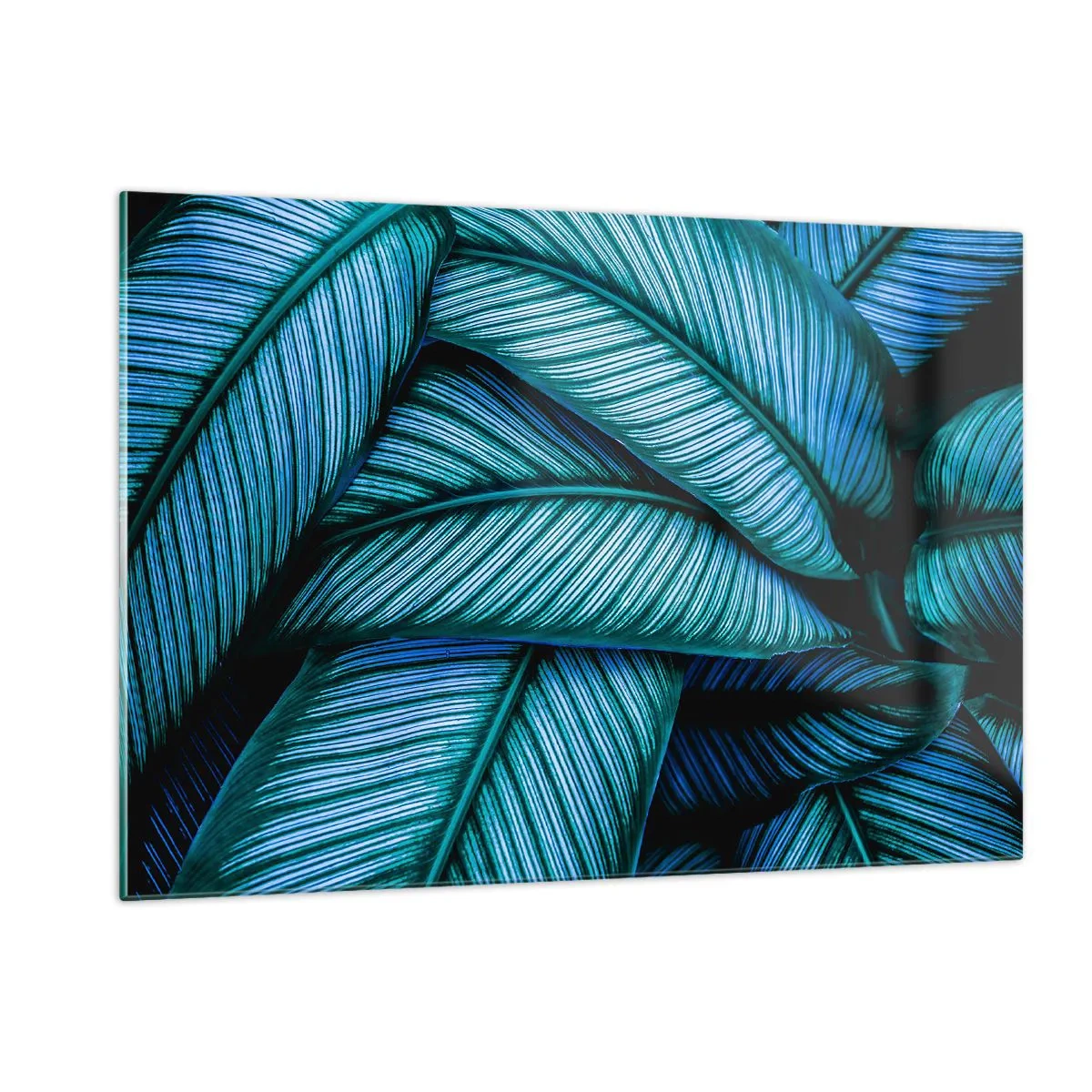Impression sur verre - Image sur verre - Gros plan de feuilles turquoise à la texture intense. - 120x80cm - Lignes de vie - Décoration murale moderne pour le salon et la chambre ARTTOR