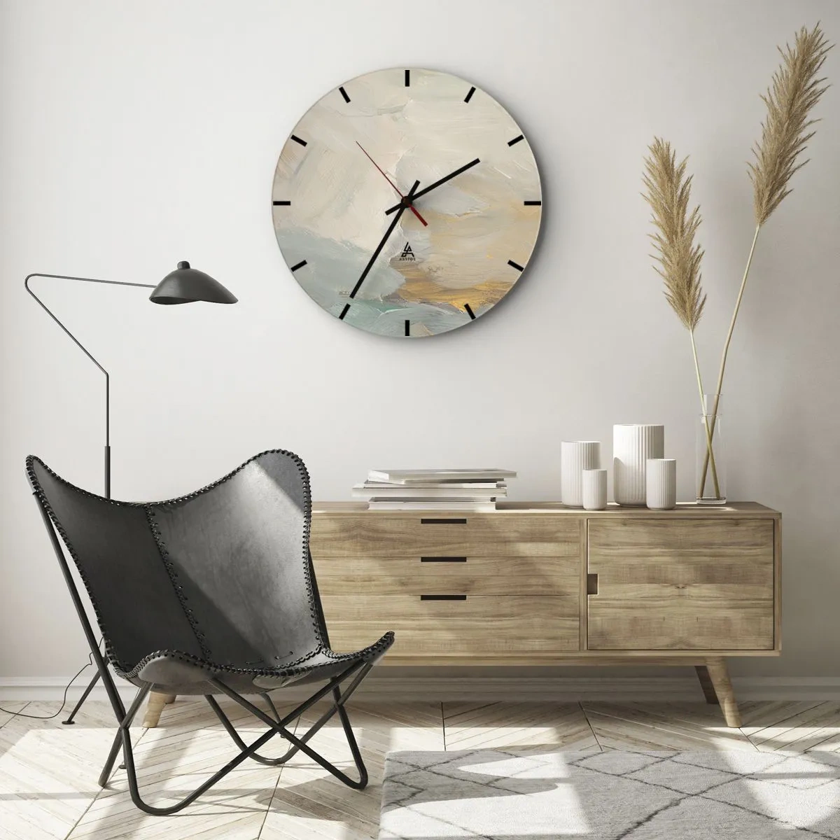 Horloge murale - Pendule murale - Coups de pinceau délicats en beige, bleu et or - 30x30cm - Abstraction – le pays de la douceur - Décoration murale moderne pour le salon, la cuisine et la chambre ARTTOR