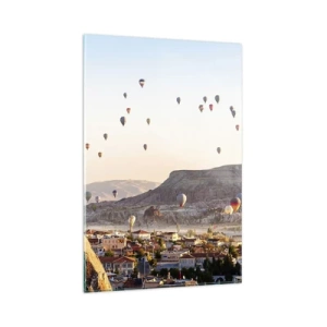 Impression sur verre - Image sur verre - Cappadoce avec des ballons sur fond de collines pittoresques - 80x120cm - Comme des navires dans le ciel - Décoration murale moderne pour le salon et la chambre ARTTOR