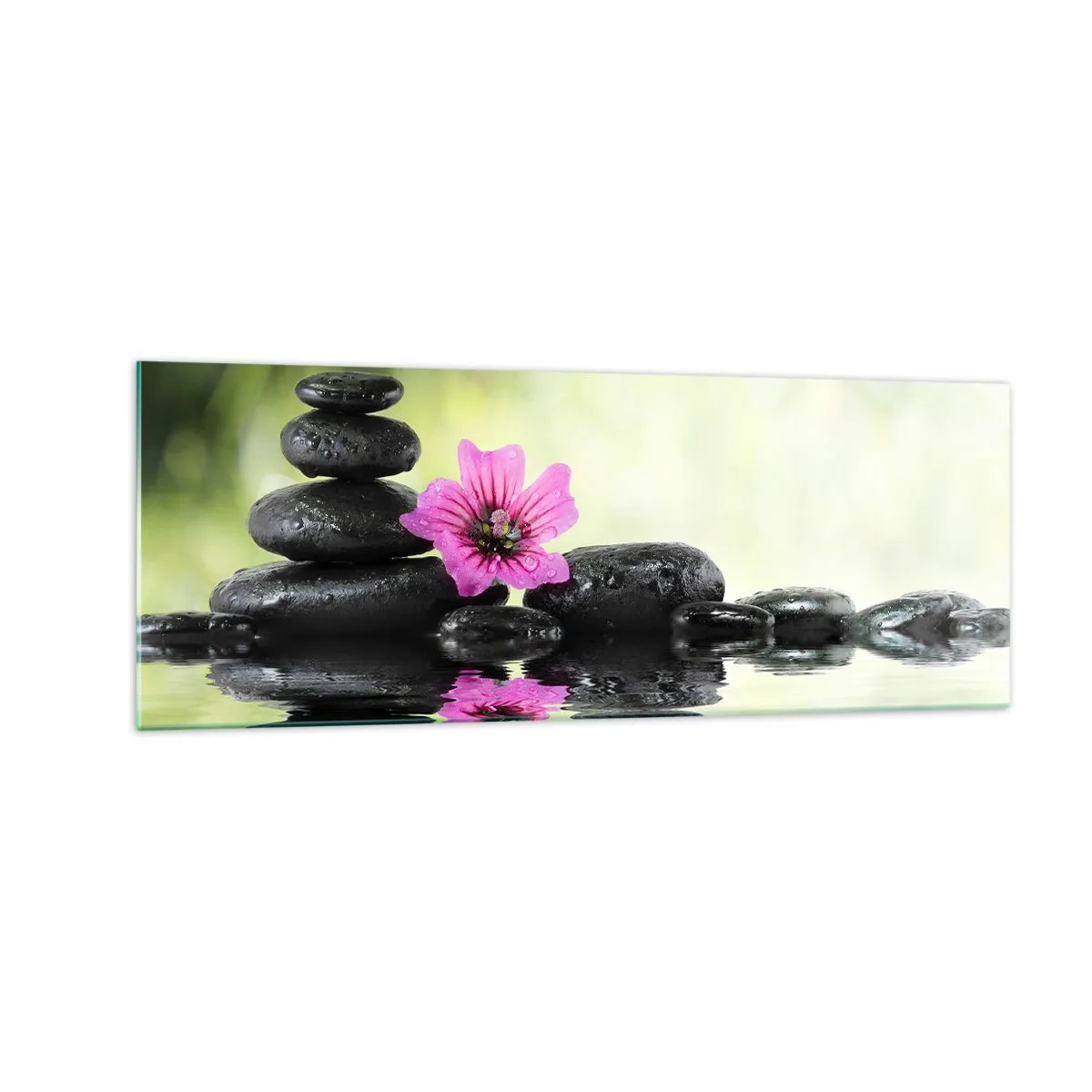 Impression sur verre - Image sur verre - Des pierres zen et une fleur rose se reflétant dans l'eau - 140x50cm - Temps pour l'âme - Décoration murale moderne pour le salon et la chambre ARTTOR