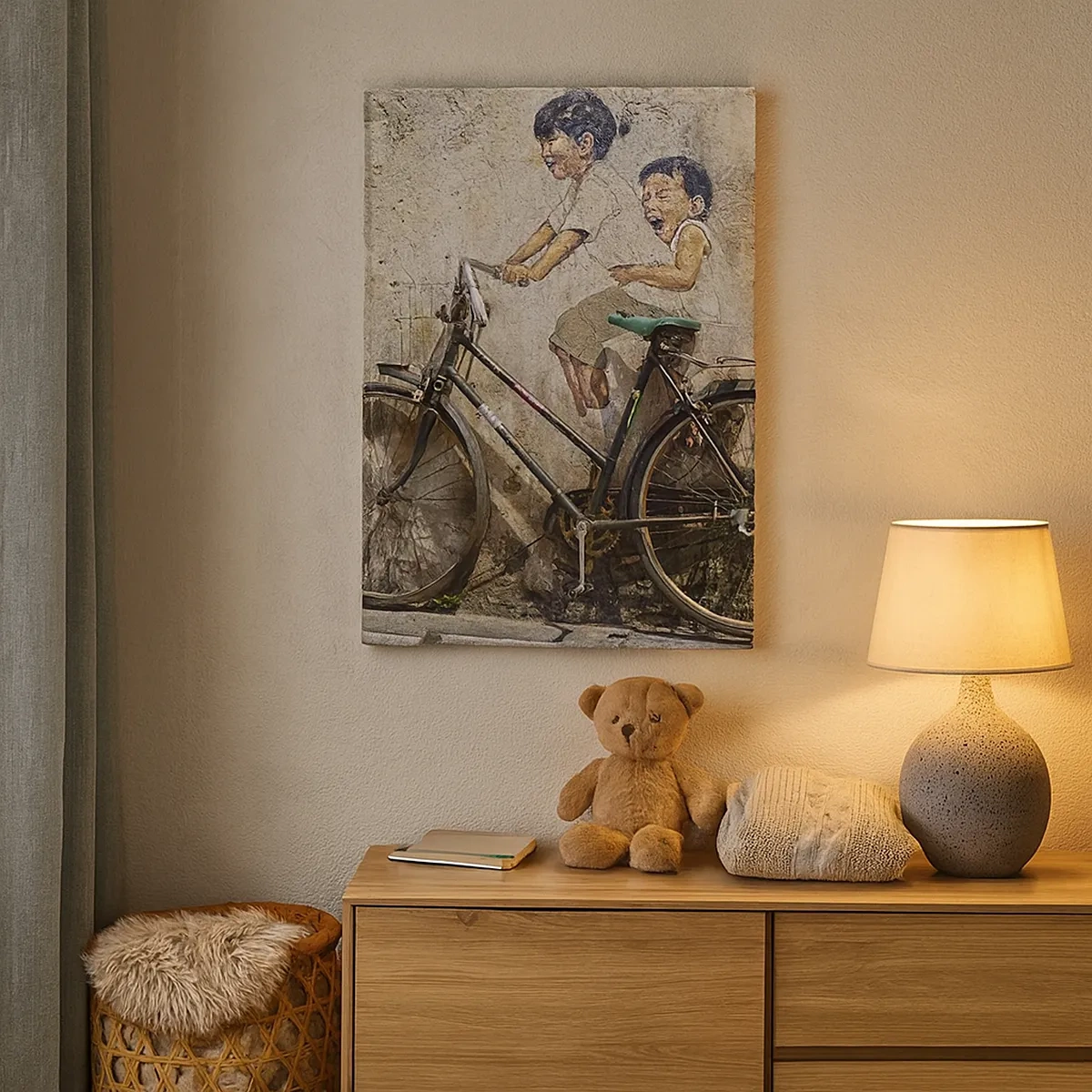 Impression sur toile - Image sur toile - Street art avec un vélo et des dessins d'enfants sur le mur - 50x70cm - Vrai ou faux? - Décoration murale moderne pour le salon et la chambre ARTTOR