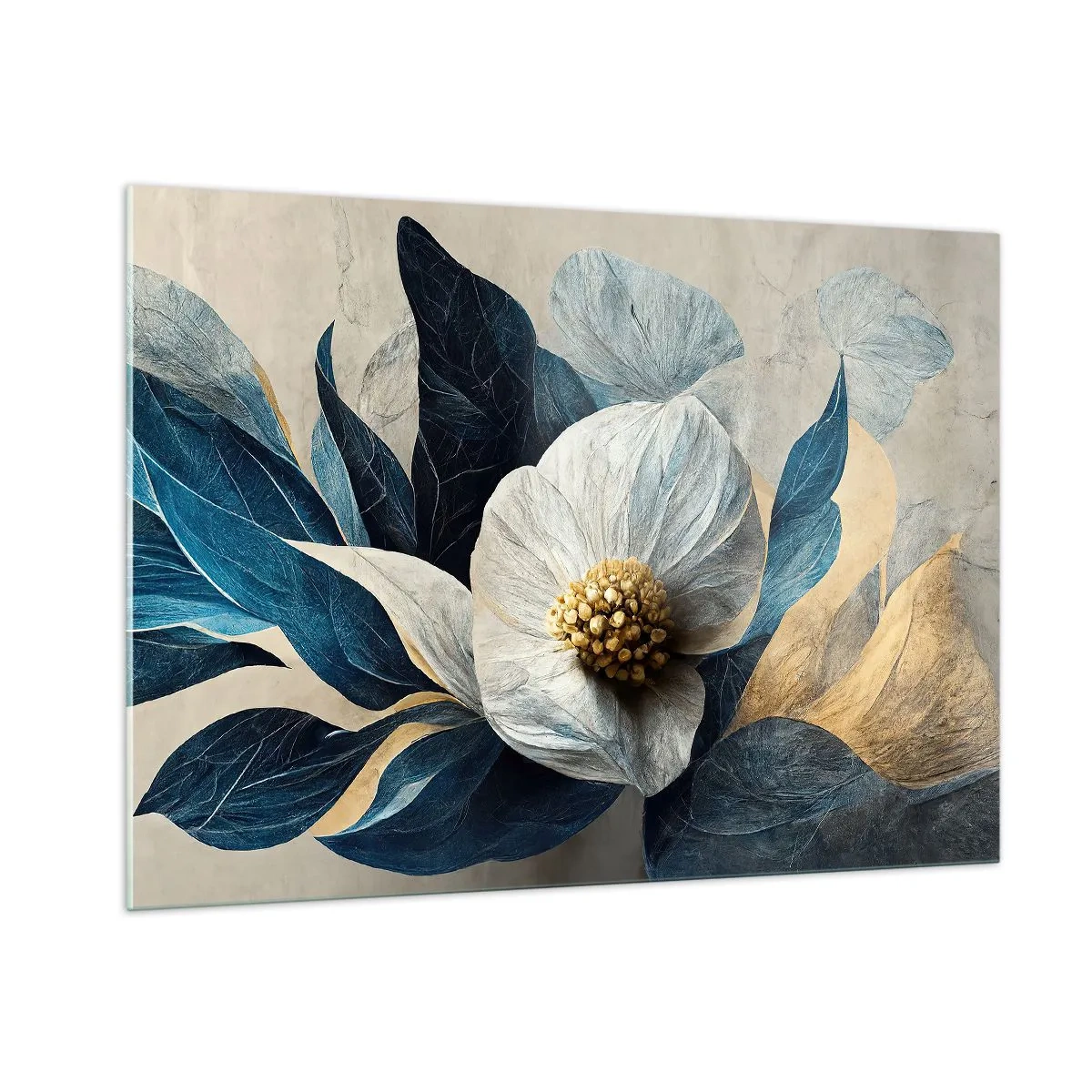 Impression sur verre - Image sur verre - Une composition florale blanche avec des feuilles bleu marine et un centre doré - 100x70cm - Il a un coeur d'or - Décoration murale moderne pour le salon et la chambre ARTTOR