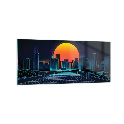 Impression sur verre - Image sur verre - Horizon urbain futuriste de style néon - 120x50cm - Vous voulez toujours passer au réel ? - Décoration murale moderne pour le salon et la chambre ARTTOR